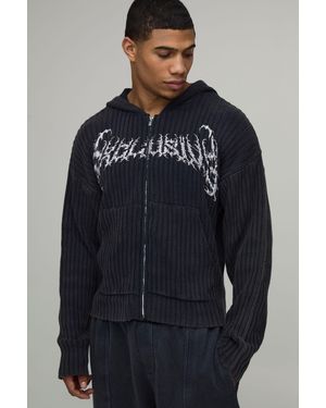 BoohooMAN Boxy Acid Wash Gothic Ribbed Hoodie - Blue