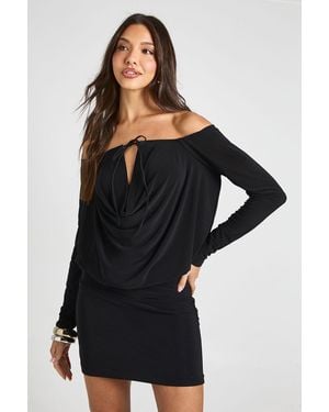 Boohoo Slinky Bardot Drape Front Bodycon Dress - Black