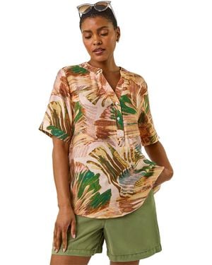 Roman Abstract Print V-Neck Button Top - Green