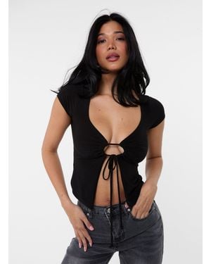 Pink Vanilla Cap Sleeve Keyhole Crop Top - Black
