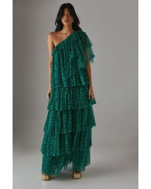 Warehouse Tulle Asymmetric Tier One Shoulder Midi Dress - Green