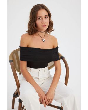 Hiccup Off-Shoulder Ruched Bodycon Crop Top - Black