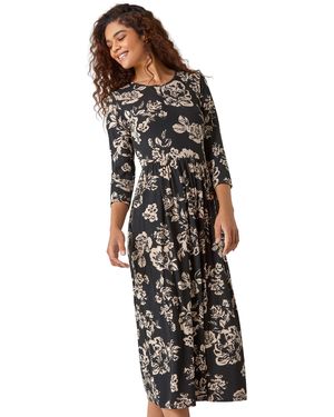 Roman Floral Pocket Stretch Midi Dress - Black