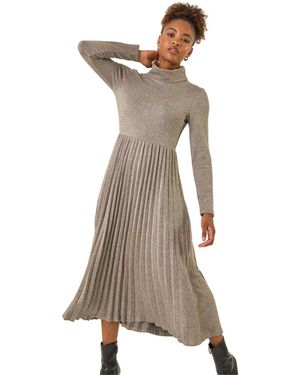 Roman High Neck Pleated Midi Dress - Natural