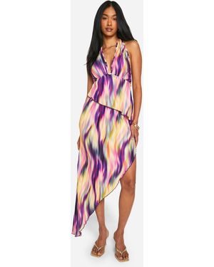 Boohoo Tie Dye Plisse Asymmetric Maxi Skirt - Red