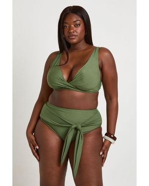 Boohoo Plus Tummy Control Wrap Detail High Waist Bikini Bottom - Green