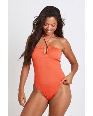 Boohoo Halter Neck Ruched Detail Swimsuit - Red