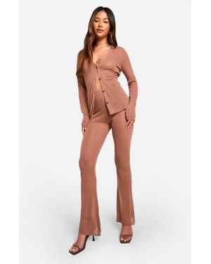 Boohoo Sheer Fine Knitted Shirt And Flared Trouser Set - Natural