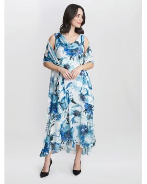 Gina Bacconi Angelica Midi Length Cowl Neck Printed Dress And Shawl - Blue
