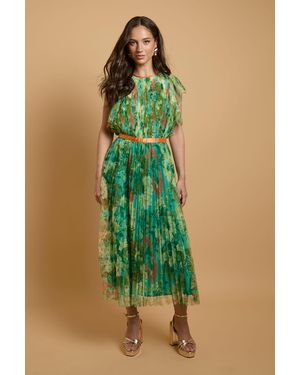 Oasis Printed Pleated Mesh Midi Dress With Flutter Sleeve - Green