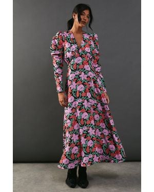 Warehouse Floral Viscose Puff-Sleeve Midi Dress - Multicolour