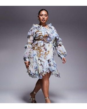 ASOS Curve Organza And Chiffon Printed Asymmetrical Mini Dress With Embellishment - Blue