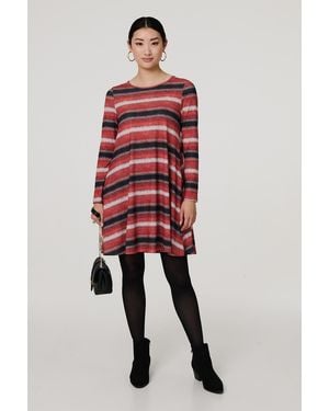 Izabel London Striped Long Sleeve Short Swing Dress - Red