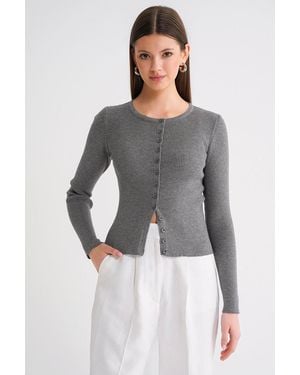 MixRay Buttoned Slim Fit Ribbed Knit Cardigan - Grey