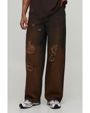 BoohooMAN Tinted Ripped Baggy Fit Jeans - Brown