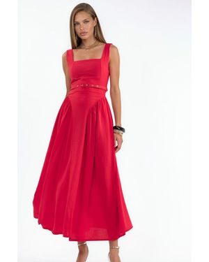 Busem Vierkante Kraag Met Ceintuur Midi-Jurk - Rood