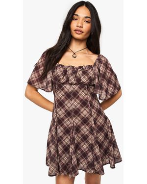 Boohoo Check Chiffon Angel Sleeve Mini Dress - Brown
