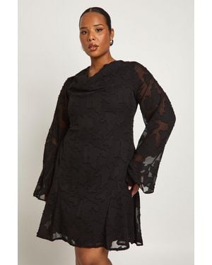 Boohoo Plus Burnout Cowl Neck Front Ruffle Skater Dress - Black