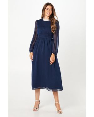 Wallis Foil Trim Gathered Waist Midi Dress - Blue