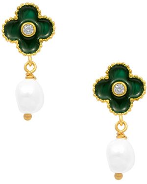 The Jewellery Stockroom Plated Sterling Enamel Clover Pearl Dropper Earrings - Green