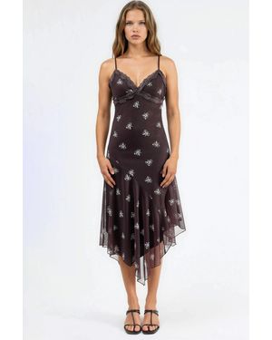 Hiccup V-Neck Printed Bodycon Maxi Dress With Lace Detail - Brown