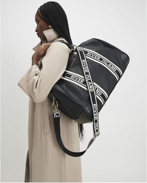 River Island Webbing Front Monogram Barrell Bag Pu - Black