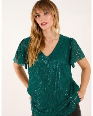 Blue Vanilla Vanilla Angel Sleeve V Neck Sequin Top - Green