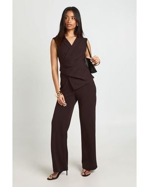 Boohoo Wrap Front Drape Detail Wide Leg Jumpsuit - Brown