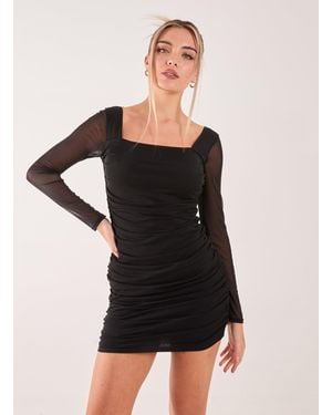 Pink Vanilla Long Sleeve Mesh Ruched Mini Dress - Black