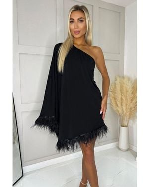 AX Paris One Shoulder Batwing Sleeve Faux Feather Hem Dress - Black