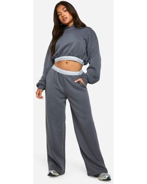 Boohoo Petite Cropped Sweatshirt And Straight Leg Jogger Dsgn Tape Detail Tracksuit - Blue