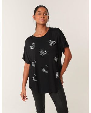 Blue Vanilla Round Neck Diamante Heart Detailing T-Shirt - Black
