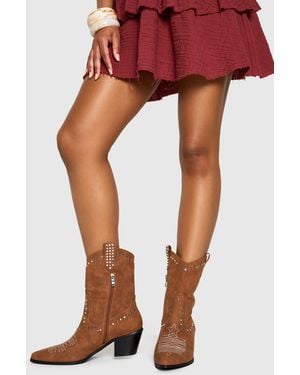 Boohoo Studded Ankle Western Boots - Natural