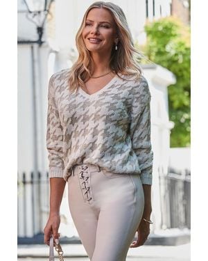 Sosandar Houndstooth Print Metallic Detail Jumper - Natural