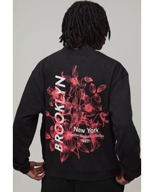 BoohooMAN Oversized Boxy Brooklyn Floral Print Extended Neck Sweatshirt Cotton - Black