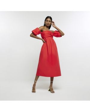 River Island Midi Dress Ruched Bardot Cotton - Red