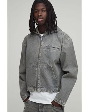 BoohooMAN Essential Boxy Oversized Zip Through Denim Hoodie - Grey