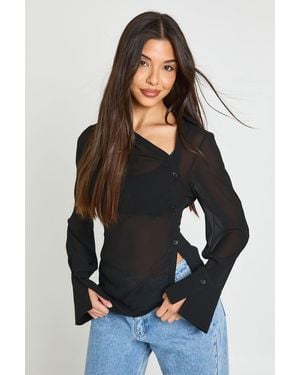 Boohoo Asymmetric Sheer Ruched Shirt - Black