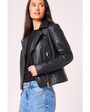Barneys Originals Ribbed Asymmetric Real Leather Jacket - Black