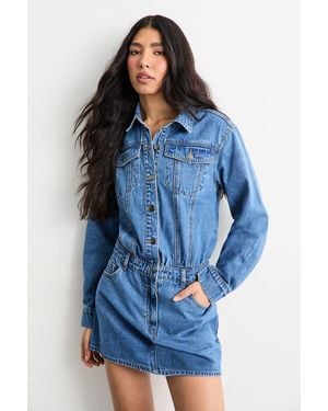 Warehouse Denim Shirt Mini Dress - Blue