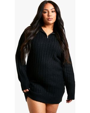 Boohoo Plus Soft Knit Thick Rib Zip Neck Oversized Mini Dress - Black