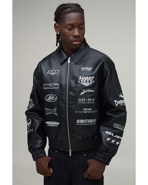 BoohooMAN Pu Rodeo Tonal Applique Badge Varsity Bomber Jacket - Black