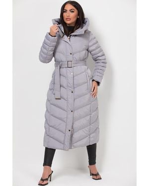 JESS Long Puffer Coat With Belt & Hood - Grey