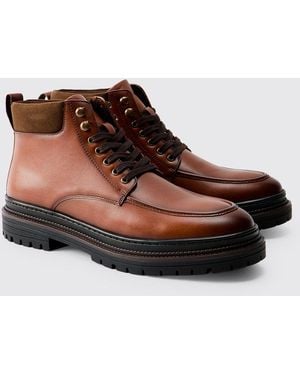 BoohooMAN Washed Pu Hiking Style Boot - Brown
