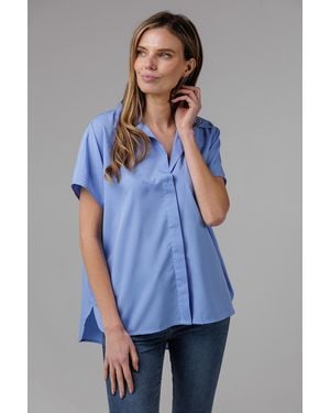 French Connection Popover Short Sleeve Collared High Low Blouse - Blue