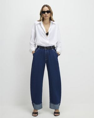 River Island Barrel Leg Jeans Turn Up Cuff Cotton - Blue