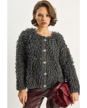 Bianco Lucci Textured Button-Up Cardigan - Black