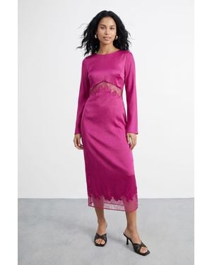 Warehouse Fluted Sleeve Satin Lace Insert Midi Dress - Pink