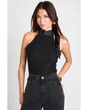 Boohoo Lace Satin Bow Detail High Neck Bodysuit - Black