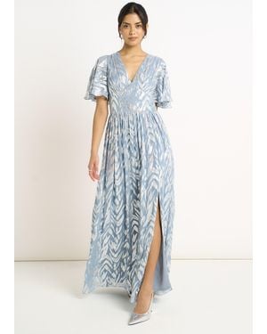 Gini London Foil Metallic Print Short Sleeves Maxi Dress - Blue
